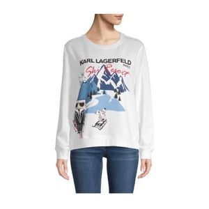 Karl Lagerfeld Paris Ski Resort sweatshirt. Signature on back. Glittery snow.